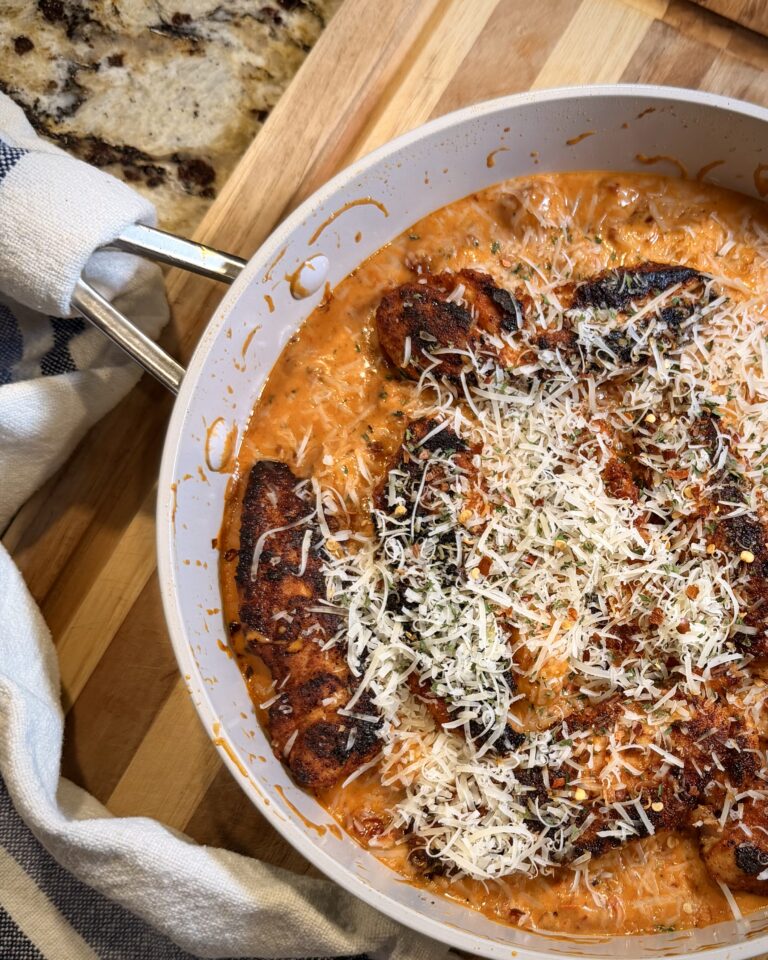 Cajun’t chicken gnocchi in a skillet on a table