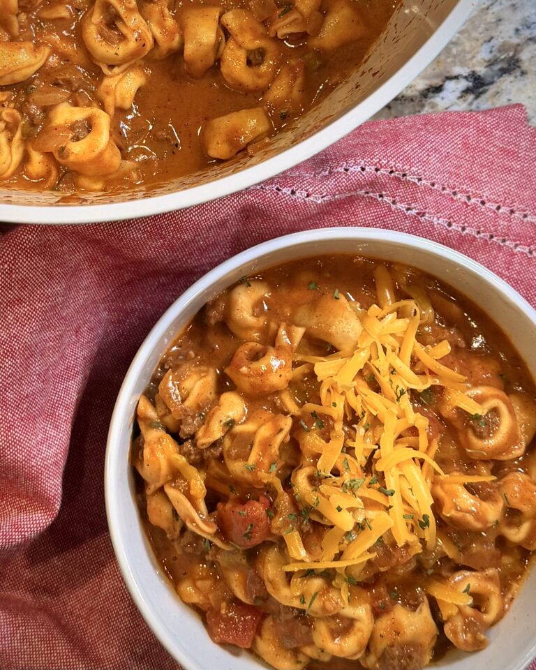 Chili Cheese Tortellini cooking in a bowl