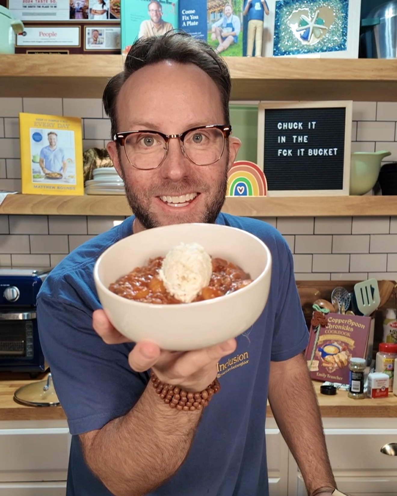 Matthew holding Lasagna Gnocchi in a bowl