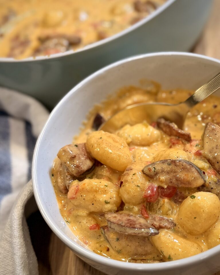 Pimento Cheese & Sausage Gnocchi in a bowl