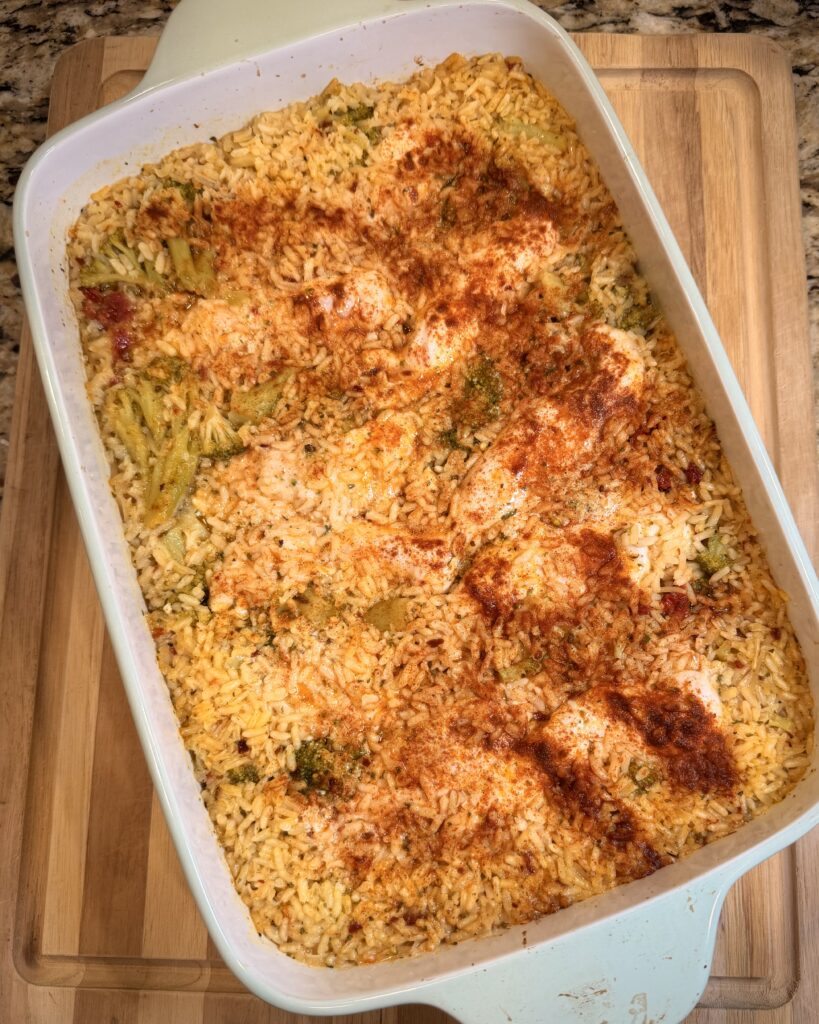 Zesty lemon chicken and rice in baking dish