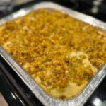 Chicken and stuffing casserole in baking pan