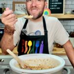 Matthew eating street corn chicken from crockpot
