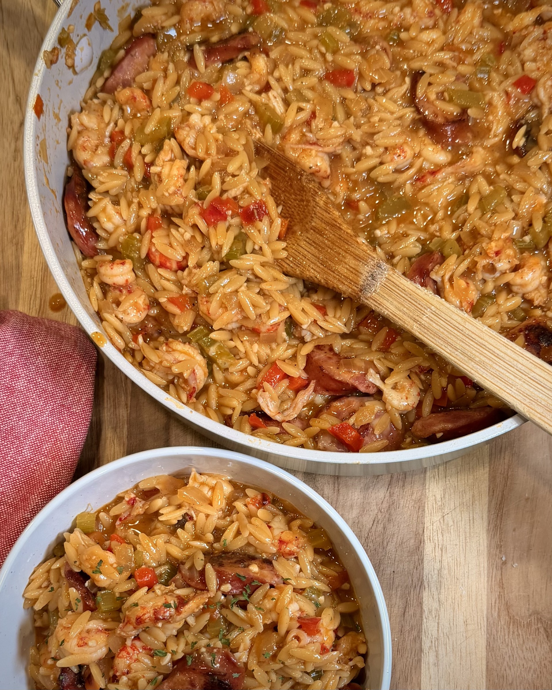 yourbarefootneighbor Mardi Gras One-Pot Orzo with Andouille & Crawfish