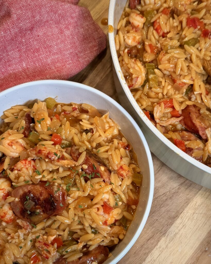yourbarefootneighbor Mardi Gras One-Pot Orzo with Andouille & Crawfish