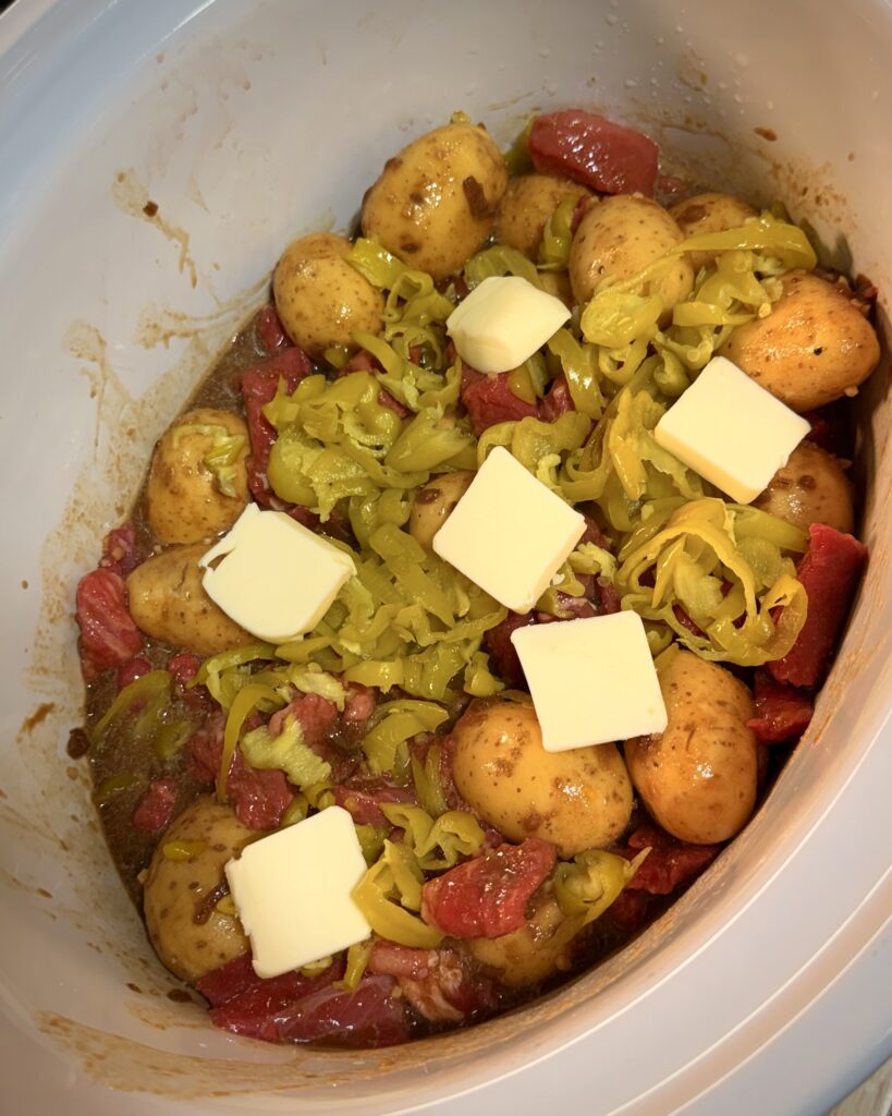 Crockpot Italian Beef and Gravy ingredients in crockpot before being cooked