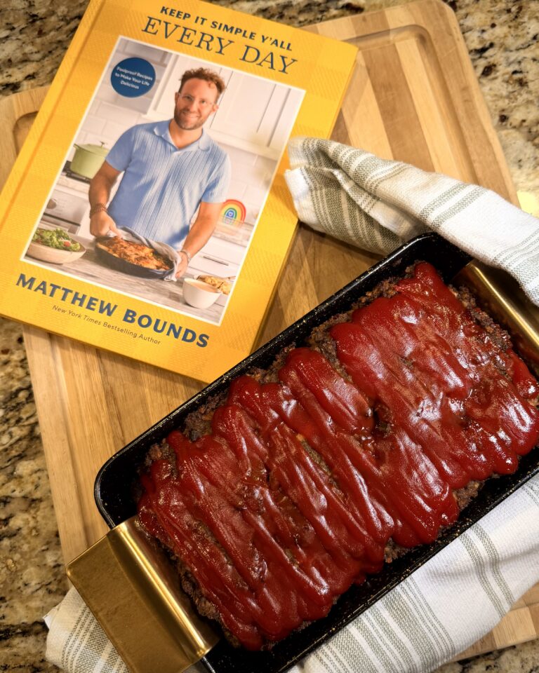 Meatloaf on table next to Your Barefoot Neighbor Matthew Bounds' cookbook book Keep It Simple Everyday