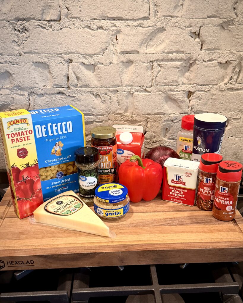 Ingredients for Red Pepper Pasta from Matthew Bounds's Keep It Simple Y'all Every Day sits on the kitchen counter