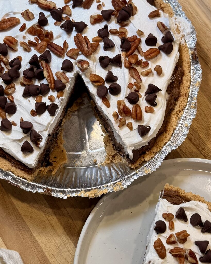 Mississippi Mud Pie from Matthew Bounds Keep It Simple Y'all Every Day cookbook in a baking pan on a table.