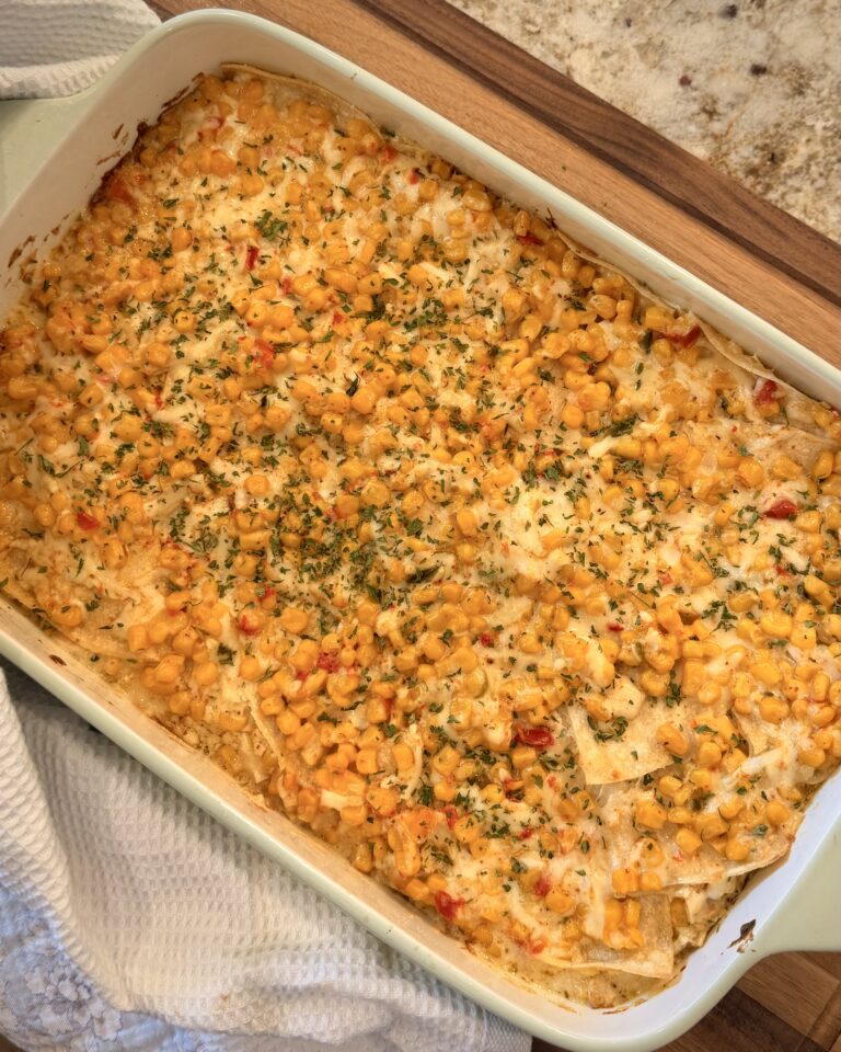 Creamy, cheesy Street Corn Enchilada Bake casserole, created by Your Barefoot Neighbor Matthew Bounds.