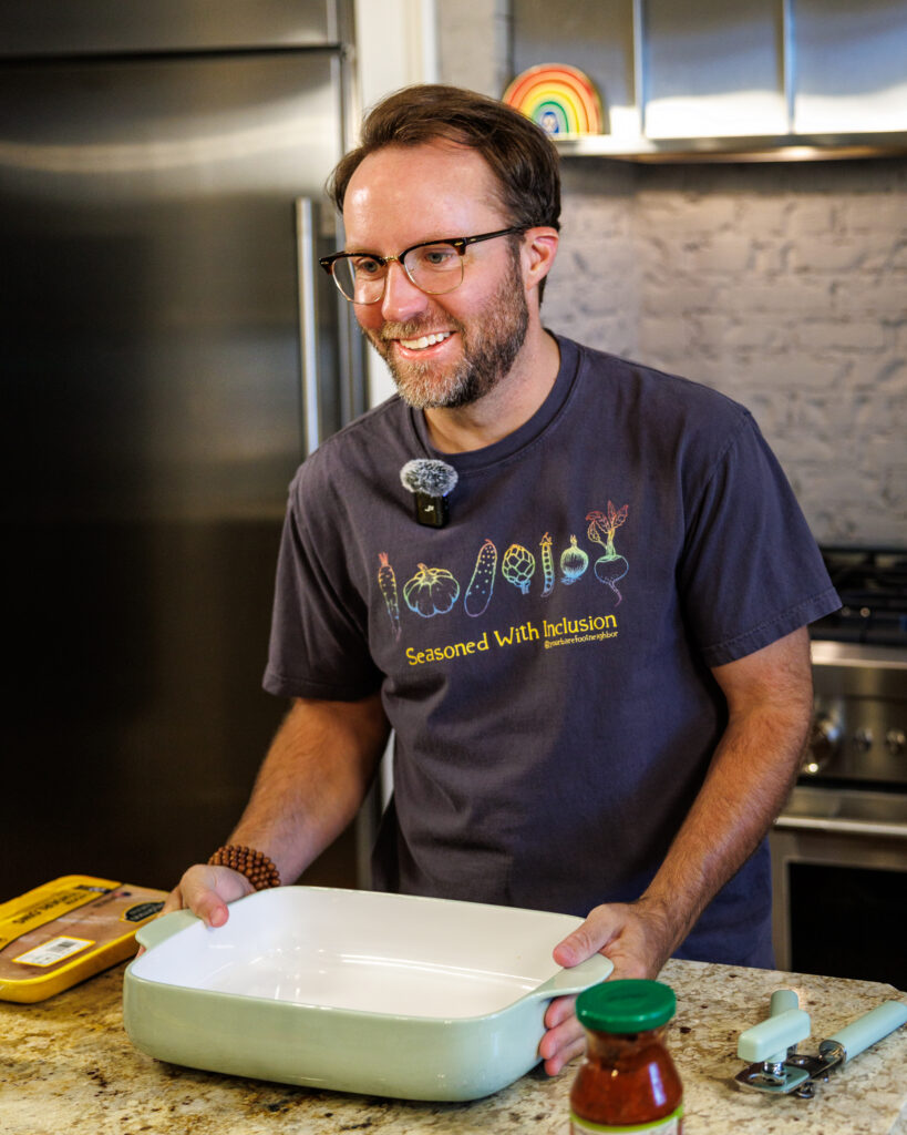 Your Barefoot Neighbor Matthew Bounds prepares to make his Baked Swim Queso Chicken in his kitchen