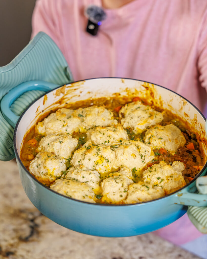 Matthew Bounds, creator of Your Barefoot Neighbor, holds his freshly baked Cheddar Biscuit Beef Pie from Keep It Simple Y'all Every Day