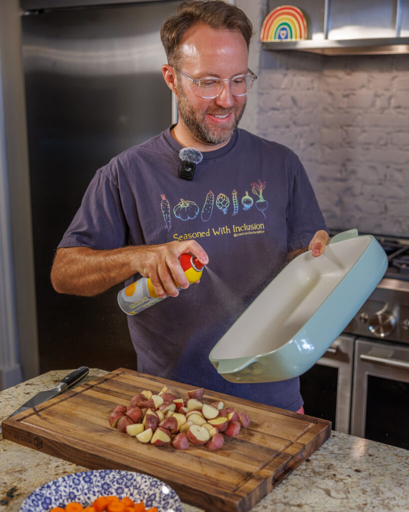 Matthew Bounds, creator of Your Barefoot Neighbor, prepares his 9x13 baking dish for Hamburger Steaks and Gravy