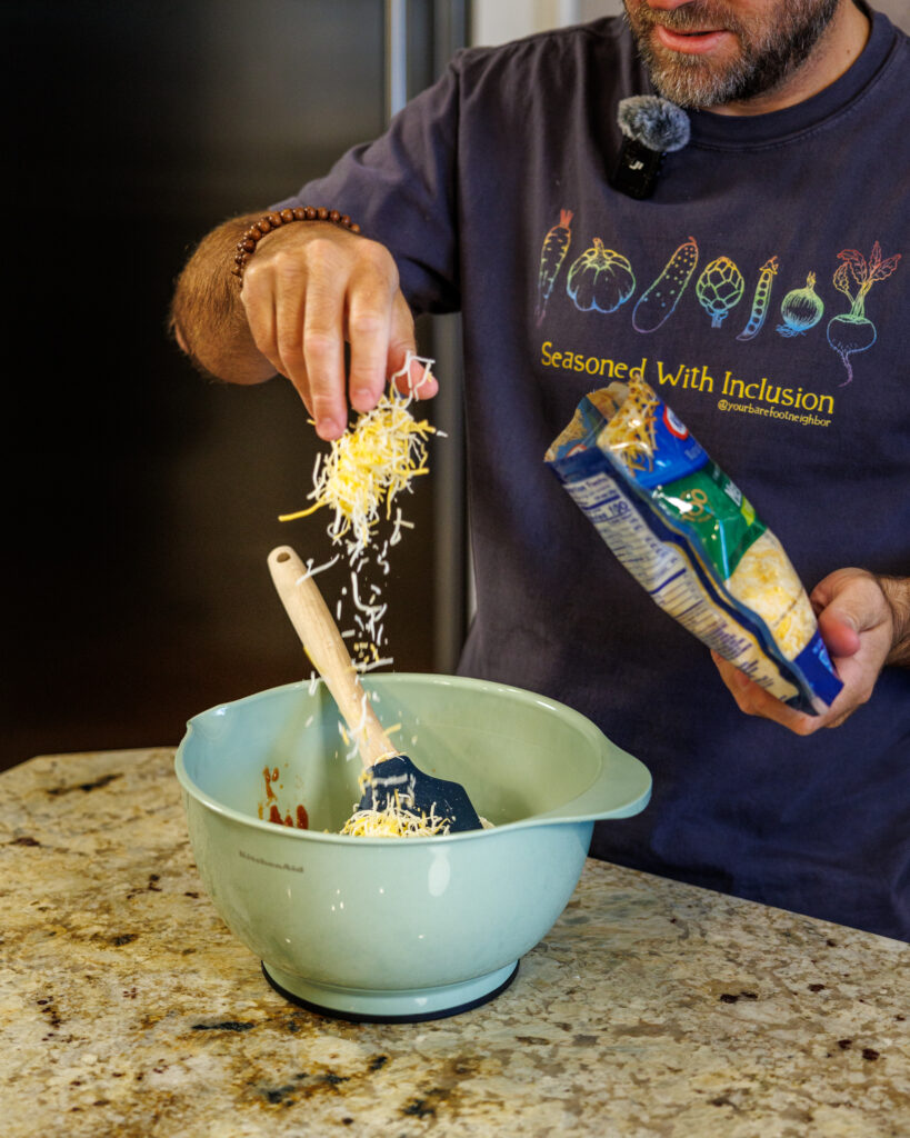 Matthew Bounds, creator of Your Barefoot Neighbor, mixes ingredients for his Shortcut Air Fryer Taquitos