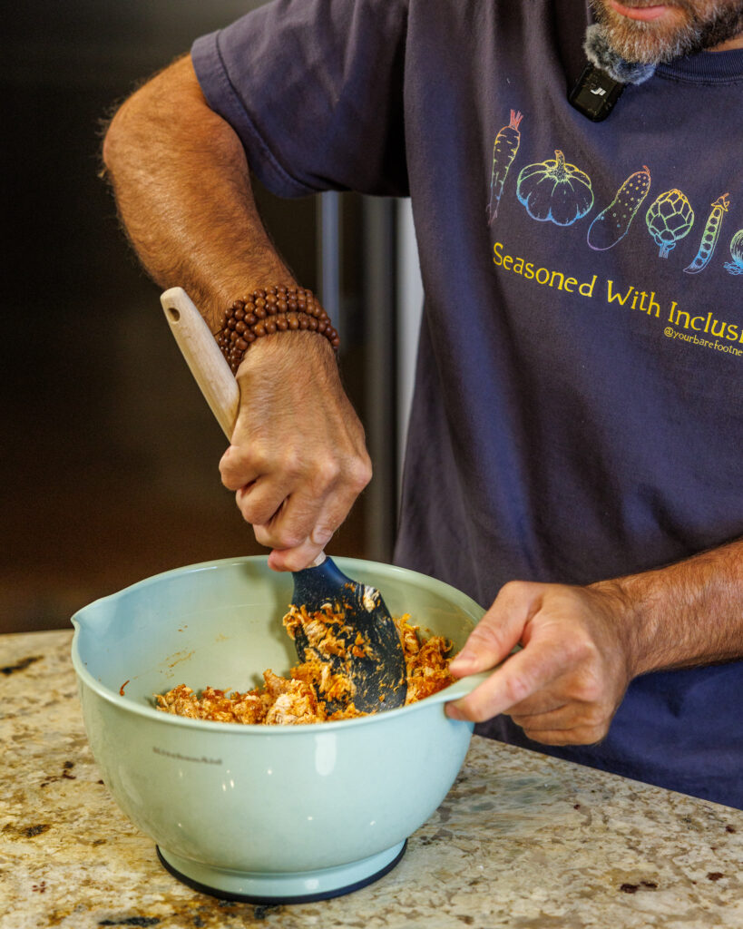 Matthew Bounds, creator of Your Barefoot Neighbor, mixes ingredients for his Shortcut Air Fryer Taquitos