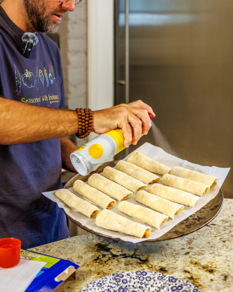 Matthew Bounds, creator of Your Barefoot Neighbor, prepares his Shortcut Air Fryer Taquitos to be put in the air fryer