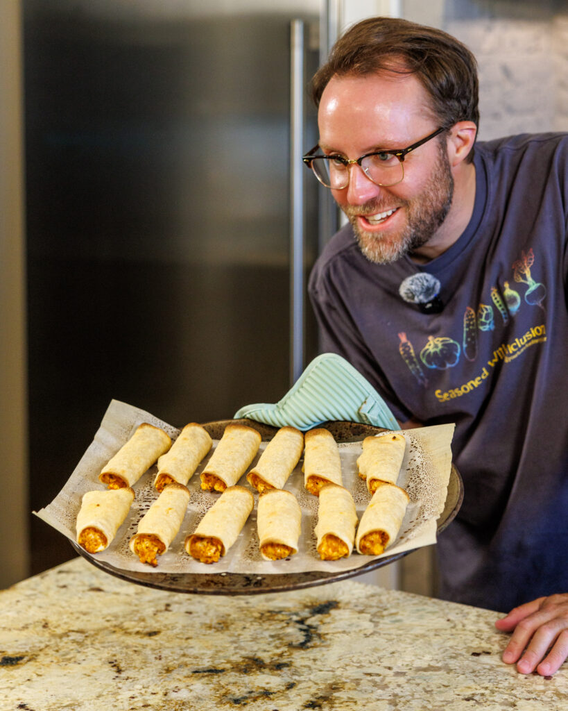 Matthew Bounds, creator of Your Barefoot Neighbor, prepares to put his Shortcut Air Fryer Taquitos in the air fryer