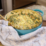 Your Barefoot Neighbor's Back to School Too Tired Tortellini sits in a pot on a counter
