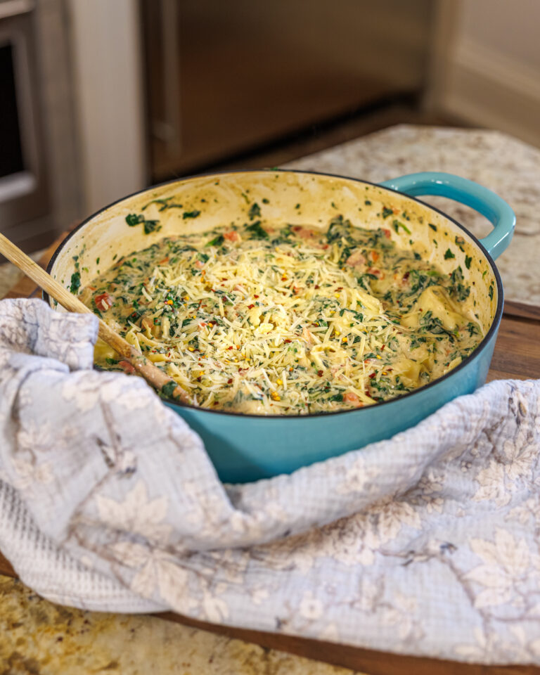 Your Barefoot Neighbor's Back to School Too Tired Tortellini sits in a pot on a counter